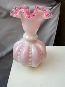 Fenton Beaded Melon Vase Pink Cased Overlay Ruffled Silver Crest Crimped 6"