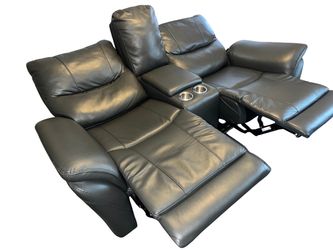 Gray Leather Power Recliner Loveseat with Console