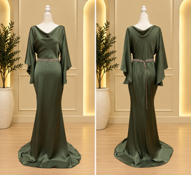 Olive Elegance Satin Cowl Neck Maxi Dress