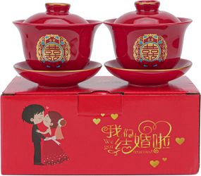 HannaFires Chinese Wedding Tea Cup Set - Ceramic Double Happiness Cups, Pair