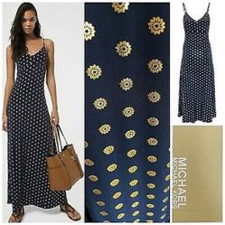 NWOT Navy Micheal Kors Maxi Dress With Gold Foil Embel