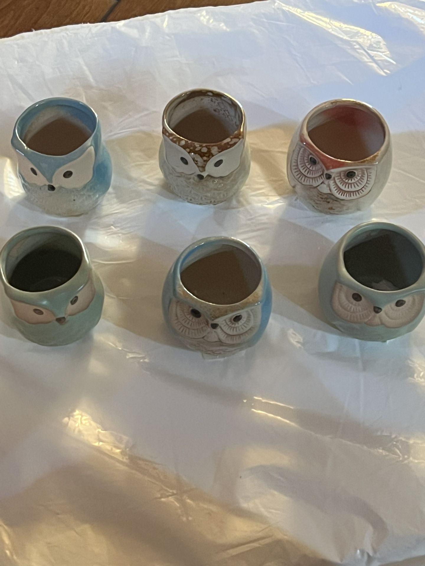 Charming owl-shaped ceramic planters in various colors. Perfect for small plants or succulents. See pictures