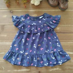 3MOS MIDNIGHT BLUE RUFFLE YOLK WHIMSICAL PRINT DRESS 
