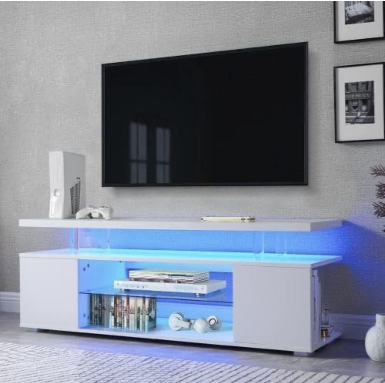 LED TV Stand for 55/60/65+ inch TV, Gaming Media Console Stand with Storage, (White)