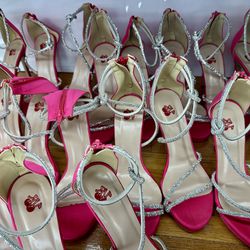Bulk Lot of 12 Stunning Hot Pink Satin High Heel Pumps with Sparkling Straps,