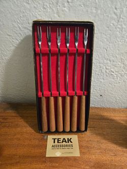 6 OTAGIRI Mid-century Fondue Forks with Teak Wood Handles in Box (Never used, box has wear)