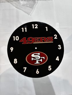 49ers Clock Metal Sign 14in Black Background Wall Decor
