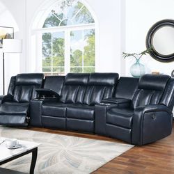 Navy Blue Leather Power Reclining Curved Sectional with Cup Holders