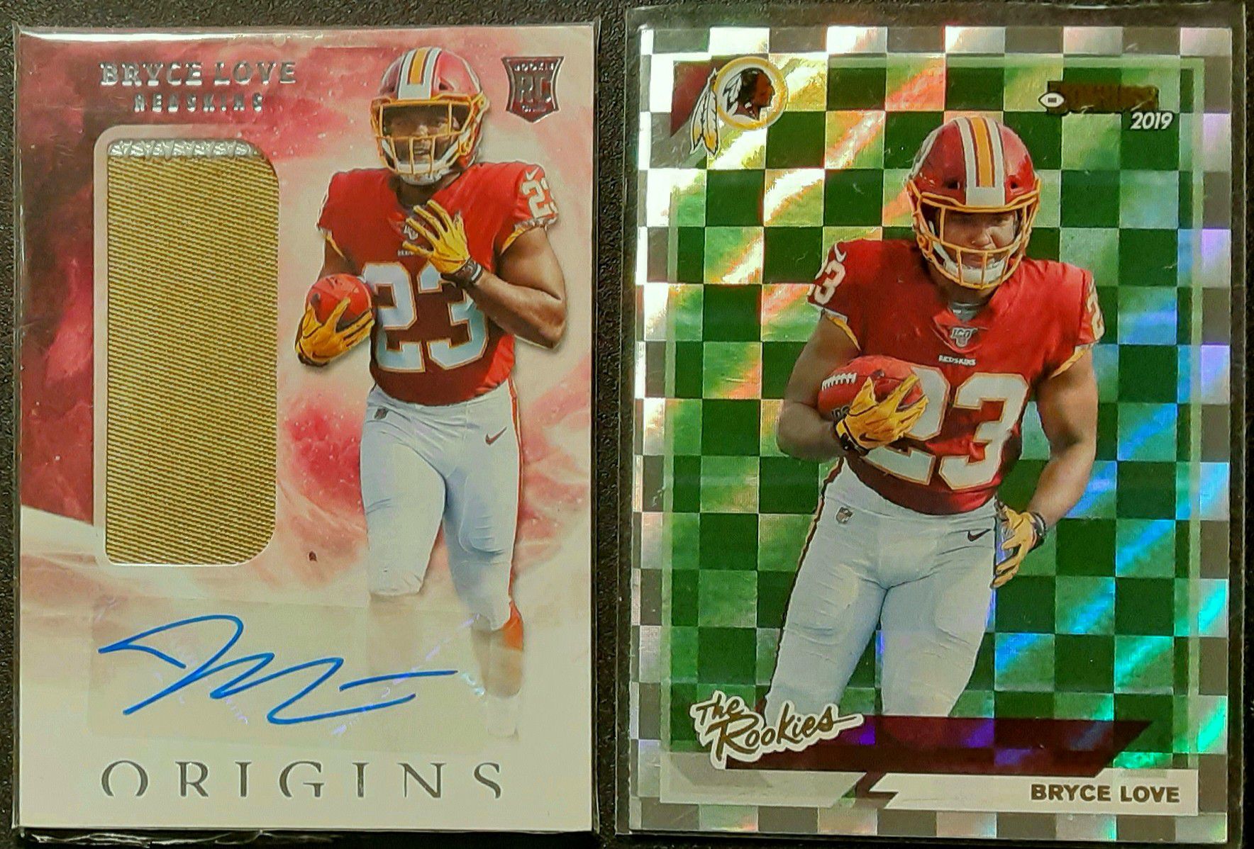 BRYCE LOVE ROOKIE AUTO LOT OF 2! 2019 PANINI ORIGINS ROOKIE AUTOGRAPHED 2 COLORED JUMBO JERSEY RELIC 2019 THE ROOKIES REFRACTOR WASHINGTON REDSKINS