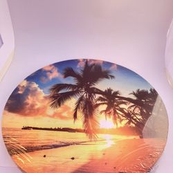 NEW LED Lighted Palm Tree Sunset Beach Canvas Wall Art Round Battery Operated