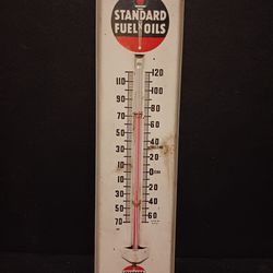 Vintage 1940s Standard Fuel Oils Metal Advertising Thermometer 