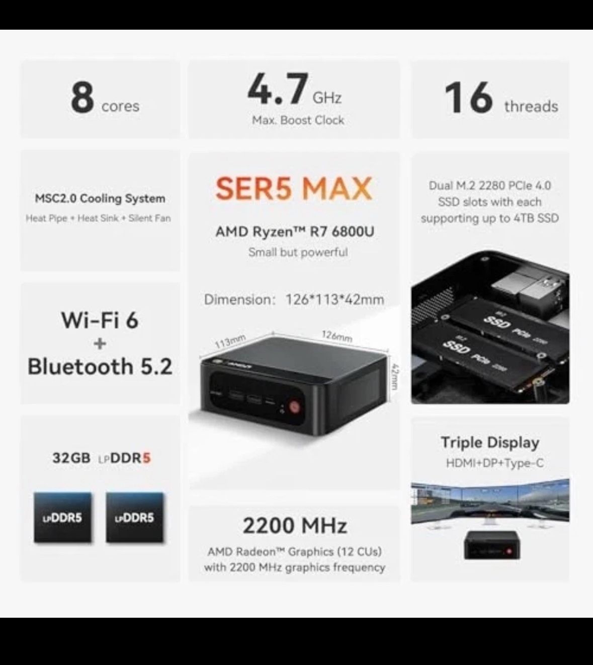 SER5 Max Mini PC, Mini Computers with AMD Ryzen 7 6800U (8C/16T, up to 32G 1TB
