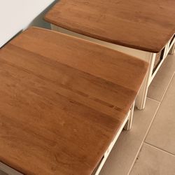 White & Rattan Side Tables - Refinished Solid Wood Pair 