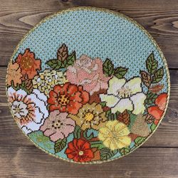 Vintage 1970s Floral Needlepoint Plaque Wall Hanging (10.25” D)