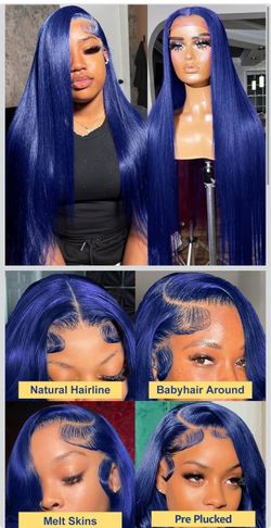 🔥Brand new 🔥 26inch Blue Lace Front Wigs Human Hair Straight 13x4 HD Lace Frontal Wig Human Hair Pre Plucked with Baby Hair 180% Density Dark Blue C