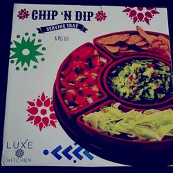 NIB Chip n Dip Set 6 pcs set + 12 Taco Holders Red Platter Plates  Serving Tray veggies nuts candy appetizers tacos
