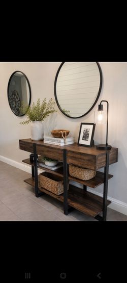 Modern Industrial Entryway Console Table w/ Storage Shelves