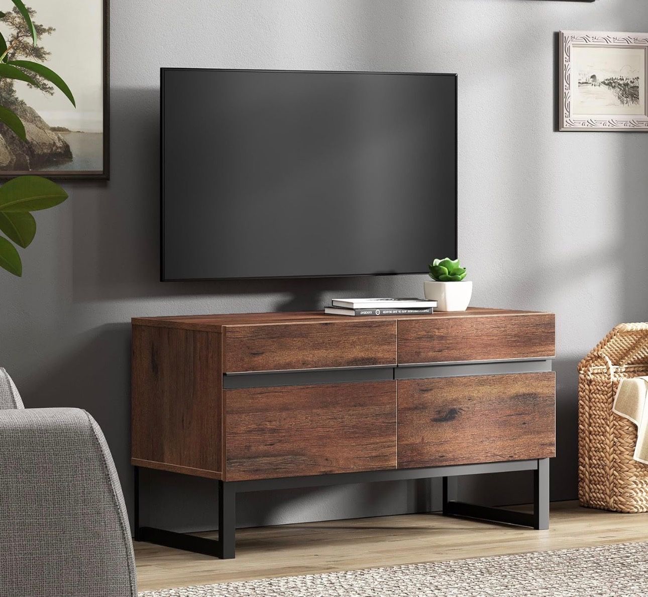 WAMPAT Modern TV Stand for TVs up to 50 inch, Entertainment Center TV Console with Storage Cabinet and Metal Base, Wood Media Console for Living Room,