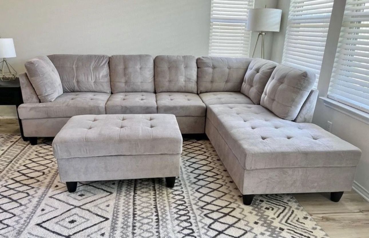 COSTCO Gray Chenille Sectional Couch And Ottoman