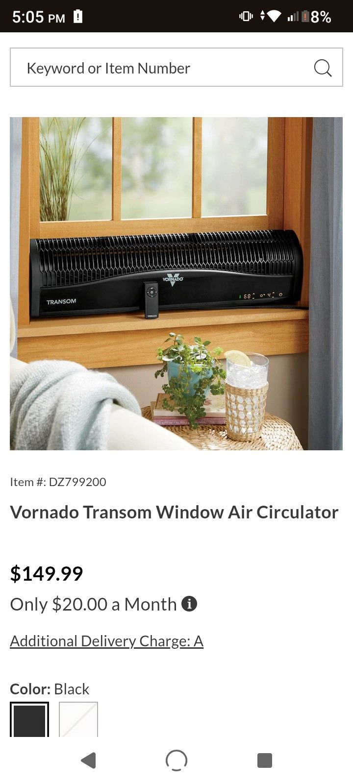 VORNADO TRANSOM WINDOW AIR CIRCULATOR $60