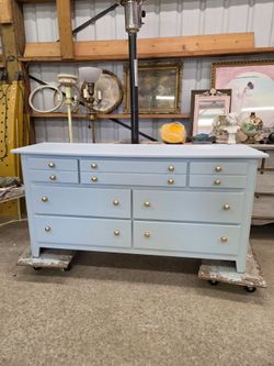 Wood pale blue 7 drawer dresser