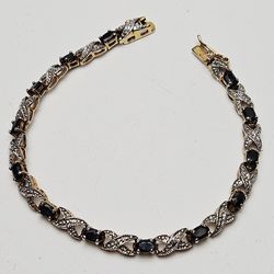 Vintage DBJ 925 Vermeil Tennis Bracelet W 13 Blue Topaz & 2 Diamonds 7"