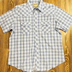 Vintage Wrangler Pearl Snap Light Blue Shirt Mens XL Plaid Long Sleeve