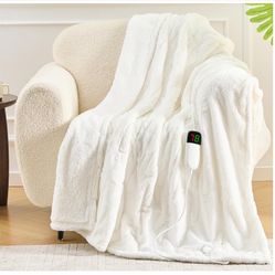 Heat Plush Cozy Blanket, 5-Position Timer &10 Heating Levels, 50'' x 60" White