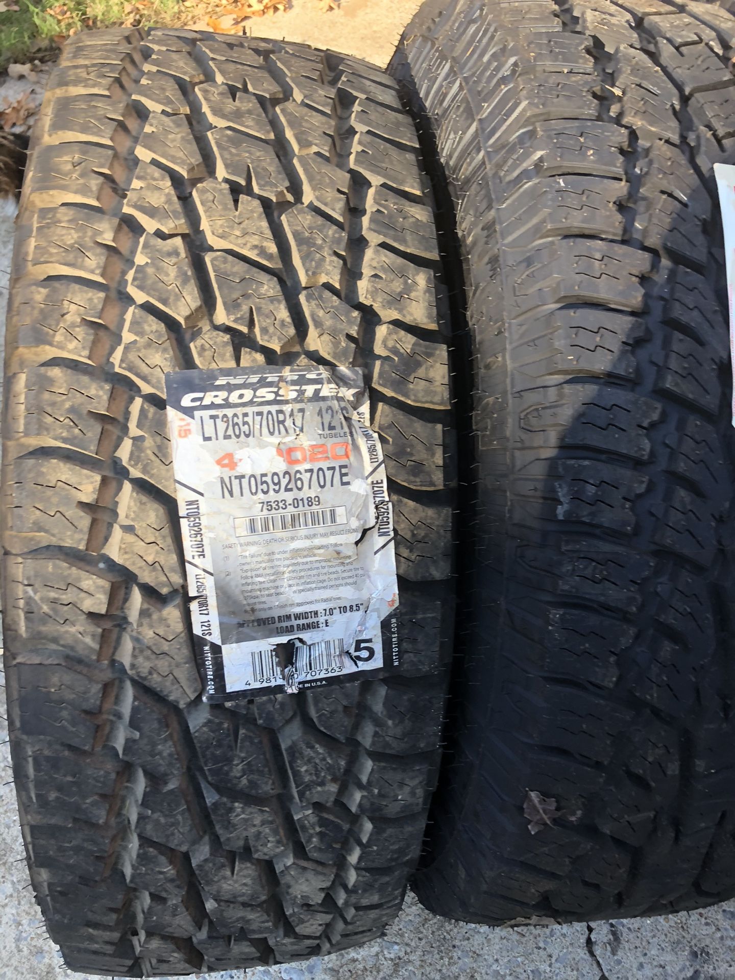 2 BRAND NEW 285/70R17 TIRES ONE IS NITTO ALL TERRAIN AND OTHER IS TOYO ALL TERRAIN TOO BRAND NEW EXCELLENT CONDITIONS