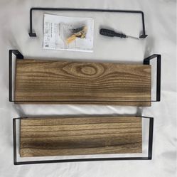 2 wooden shelves and towel rack with screws and tools.