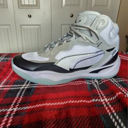 Puma Men's Playmaker Pro Mid basketball Sneaker Shoes  white black grey Mens Size 12