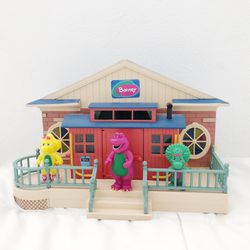 Classic vintage Barney Deluxe Schoolhouse Playset with play figures.