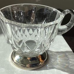 Antique William Adams Crystal Clear Etched Glass Creamer Silver Plated Base Italy Early 1900s