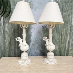 Pair of Antique Metal Lamps with Cherubs H23"/14"