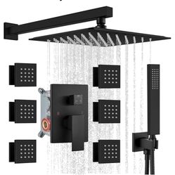 gotonovo Shower Faucet with Full Body Jets Rain Mixer 12 inch Rainfall Shower Head and Handheld Spray Combo Wall Mounted Rough-in Valve and Trim Inclu