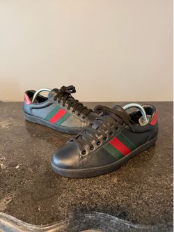 Size 7.5G / Gucci Web Black Green Red Logo Leather Lace Up Sneakers No Box