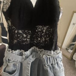 Black Lingere And Jeans Romper 