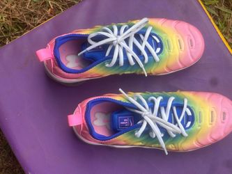 8 Nike Air VaporMax Plus 'Cotton Candy Rainbow' sneakers, featuring a vibrant multi-color