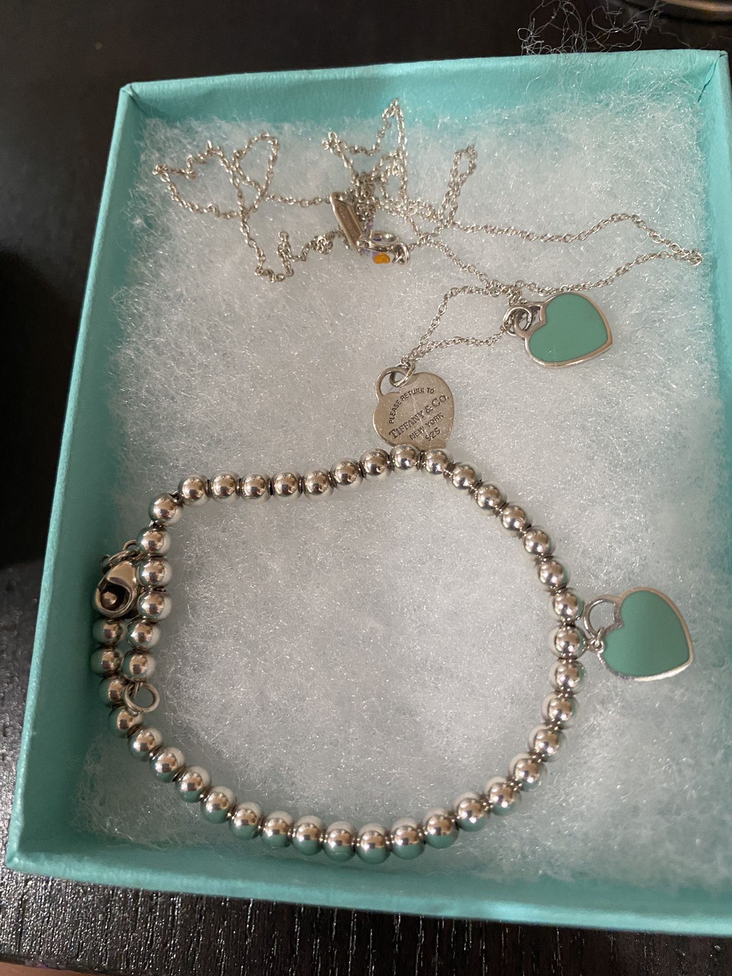 Authentic Tiffany & Co necklace and bracelet teal heart with box bag and receipt