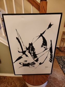 Black and white abstract art canvas painting by Dan Houston with black frame 25x37"