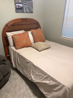 Bed Frame, Rattan Headboard & Mattress