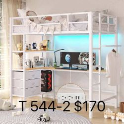 Twin Loft Bed with L-Shaped Desk, LED Lights,Charging Station LED Loft Metal Bed Frame(544-2)