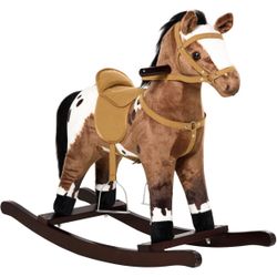 Qaba Kids Wooden Plush Ride-On Rocking Horse Chair Toy with Realistic Sounds Dark Brown/White - New in Box