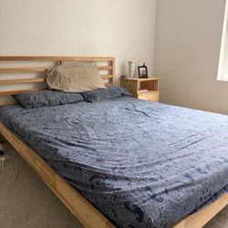 Queen Size Ikea Wooden Bed frame, Mattress And Side Table