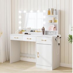 Makeup Vanity Desk with Mirror and Lights, White Vanity Table with Charging Station, 3 Drawers, 2 Cubbies, 1 Cabinet & Open Shelves, Wooden Dressing T