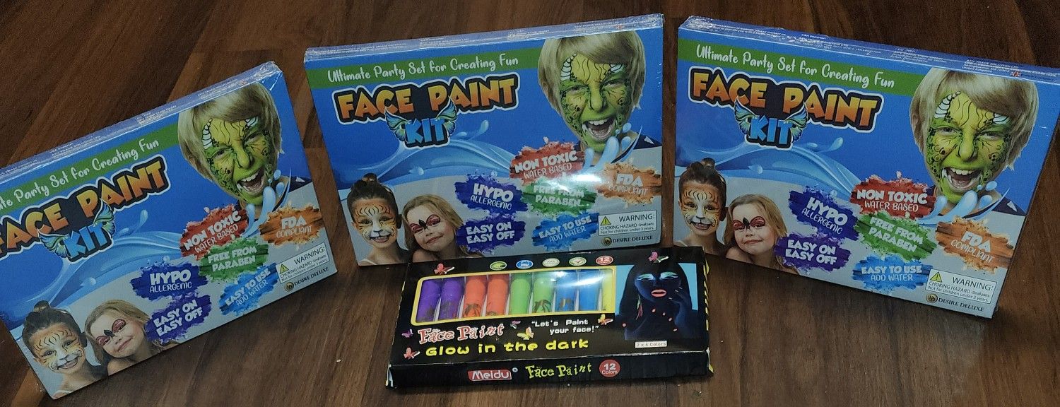 3 NIB Desire Deluxe Face Paint Kits, 1 NIB Meidu 12 Count 6 Color Glow in the Dark Face & Body Paint