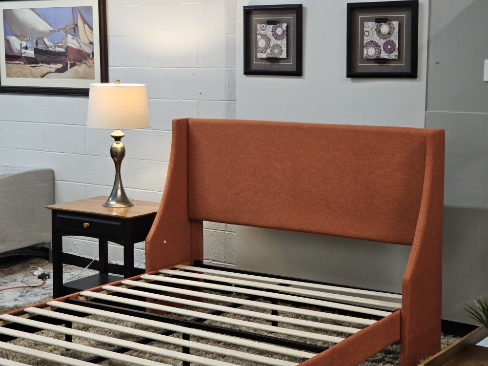 🔥 Modern Upholstered Bed Frame – Burnt Orange 🔥
