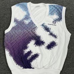 Vintage Sergio Tacchini ~ Men's White Sweater Vest Embroidered Logo V Neck Large