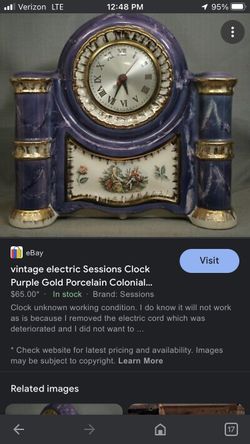 Vintage Electric Sessions Clock Purple Gold Porcelain Colonial 22 Karat Gold Trim 