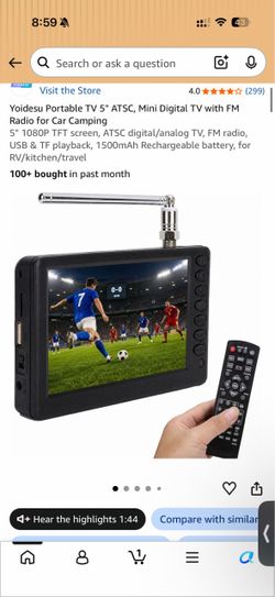Yoidesu Portable TV 5" ATSC, Mini Digital TV with FM Radio for Car Camping 5" 1080P TFT screen, ATSC digital/analog TV, FM radio, USB & TF playback, 1